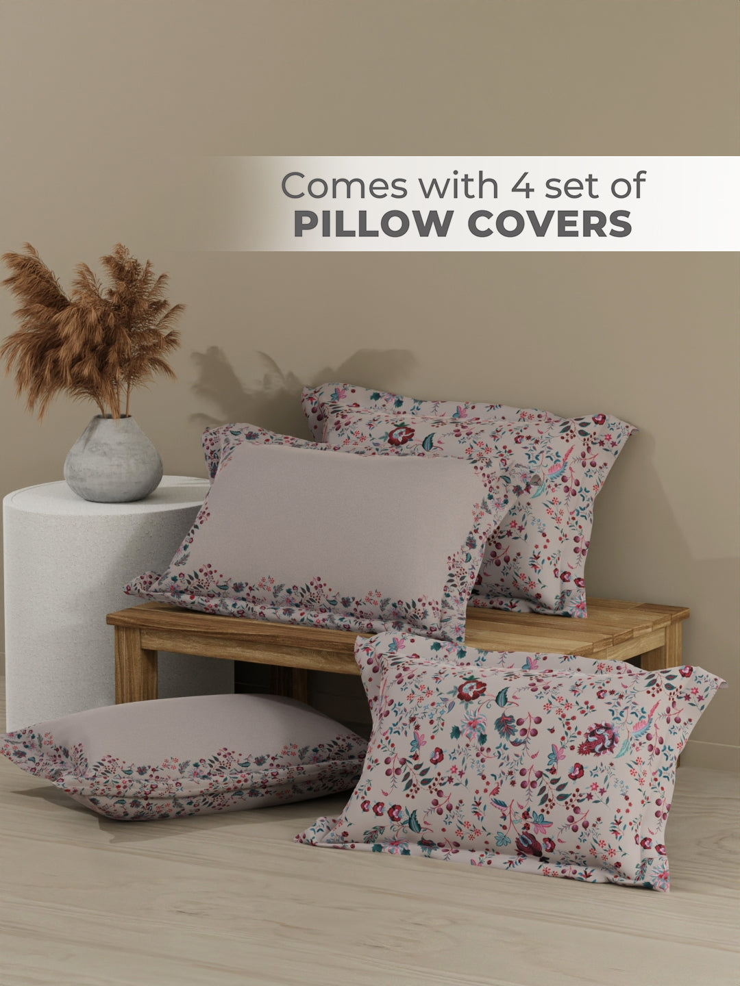 Royal Essence 100% Cotton 400 TC Pink & Blue Digital Floral Print King Bedsheet with 4 Pillow Covers