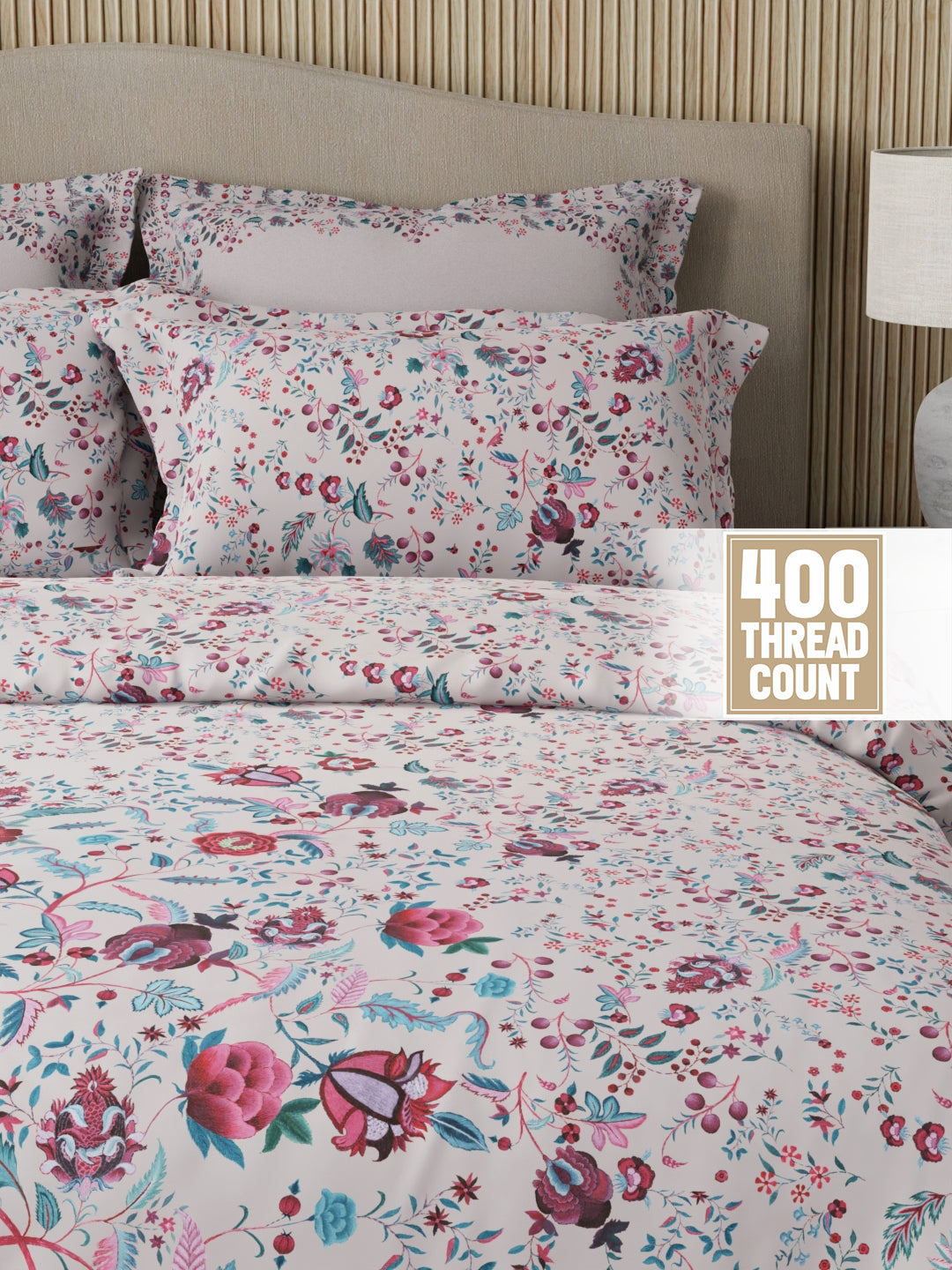 Royal Essence 100% Cotton 400 TC Pink & Blue Digital Floral Print King Bedsheet with 4 Pillow Covers