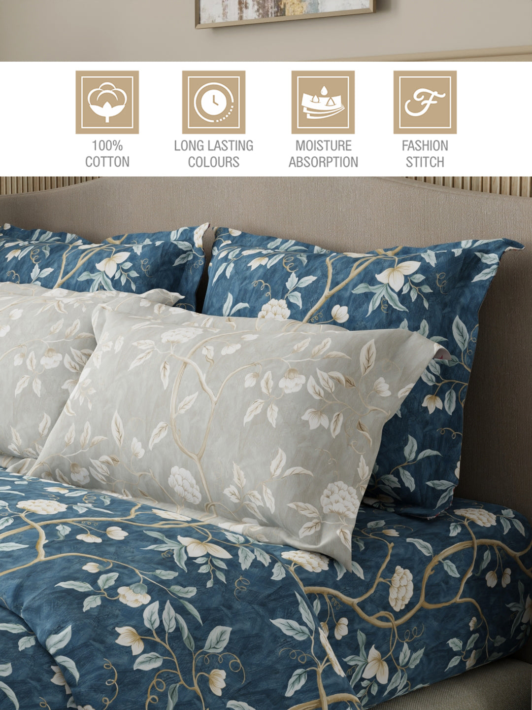 Royal Essence 100% Cotton 400 TC Blue & Grey Digital Floral Print King Bedsheet with 4 Pillow Covers