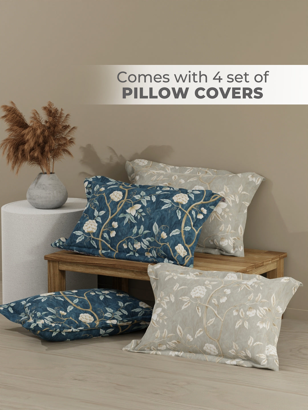 Royal Essence 100% Cotton 400 TC Blue & Grey Digital Floral Print King Bedsheet with 4 Pillow Covers