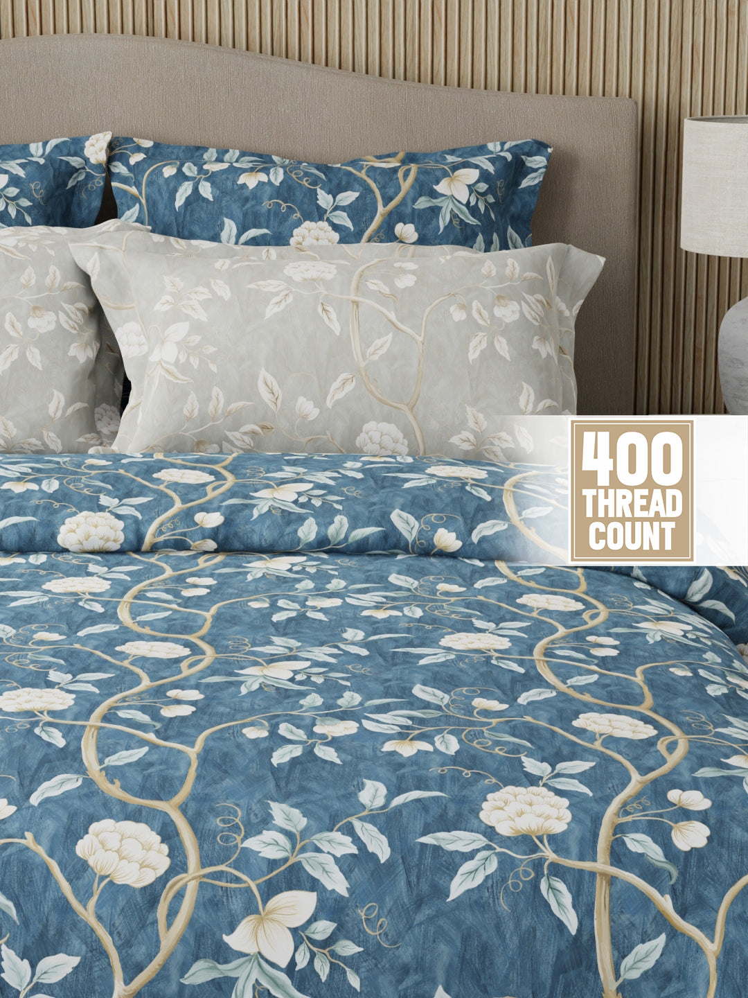 Royal Essence 100% Cotton 400 TC Blue & Grey Digital Floral Print King Bedsheet with 4 Pillow Covers