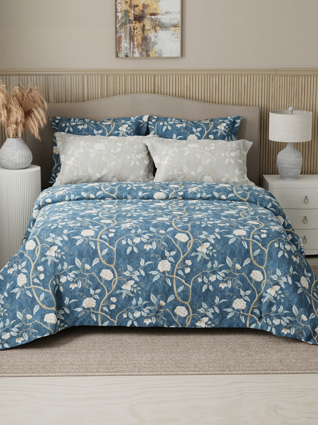 Royal Essence 100% Cotton 400 TC Blue & Grey Digital Floral Print King Bedsheet with 4 Pillow Covers