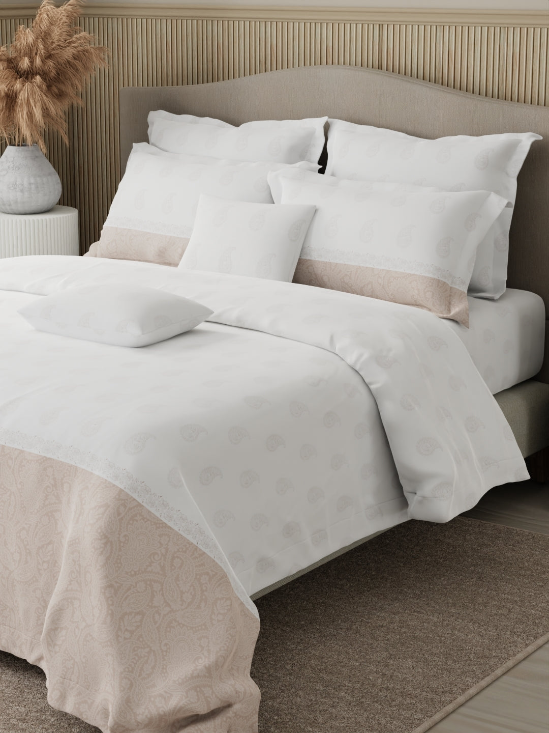 Royal Essence 100% Cotton 400 TC Beige & White Ethnic Print King Bedsheet with 4 Pillow Covers & 2 Cushion Covers