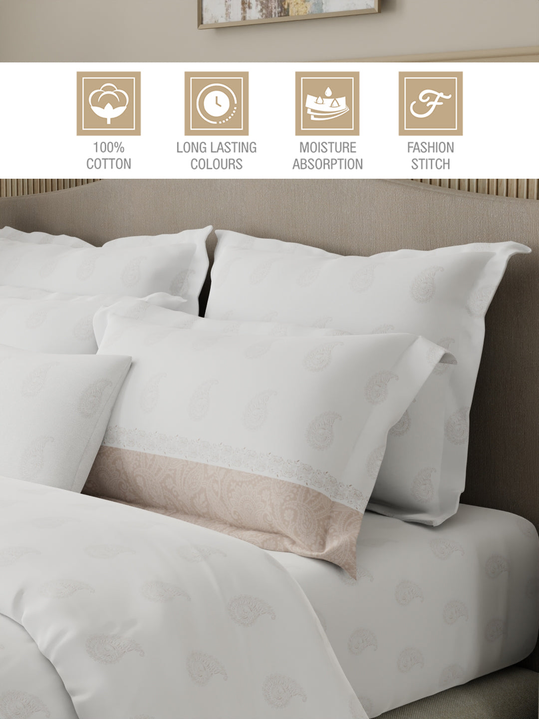 Royal Essence 100% Cotton 400 TC Beige & White Ethnic Print King Bedsheet with 4 Pillow Covers & 2 Cushion Covers