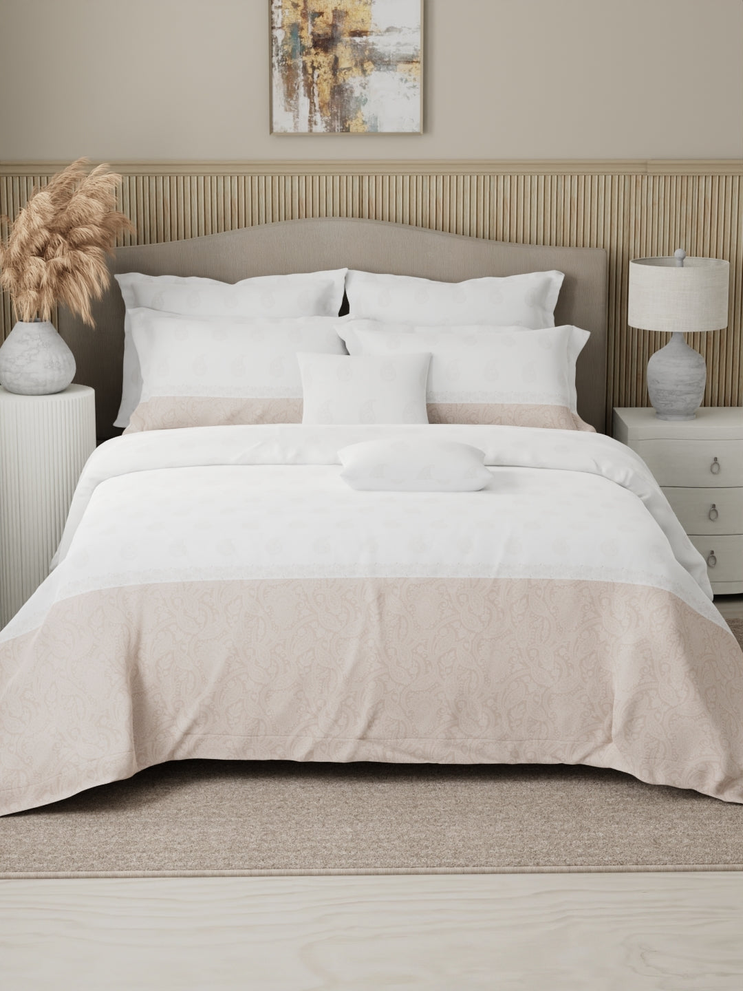 Royal Essence 100% Cotton 400 TC Beige & White Ethnic Print King Bedsheet with 4 Pillow Covers & 2 Cushion Covers