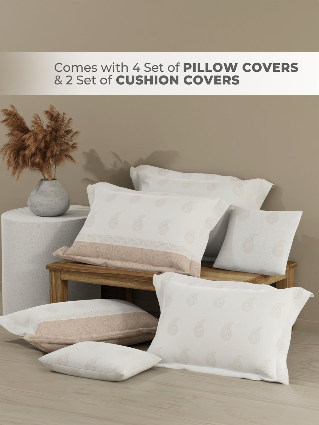 Royal Essence 100% Cotton 400 TC Beige & White Ethnic Print King Bedsheet with 4 Pillow Covers & 2 Cushion Covers