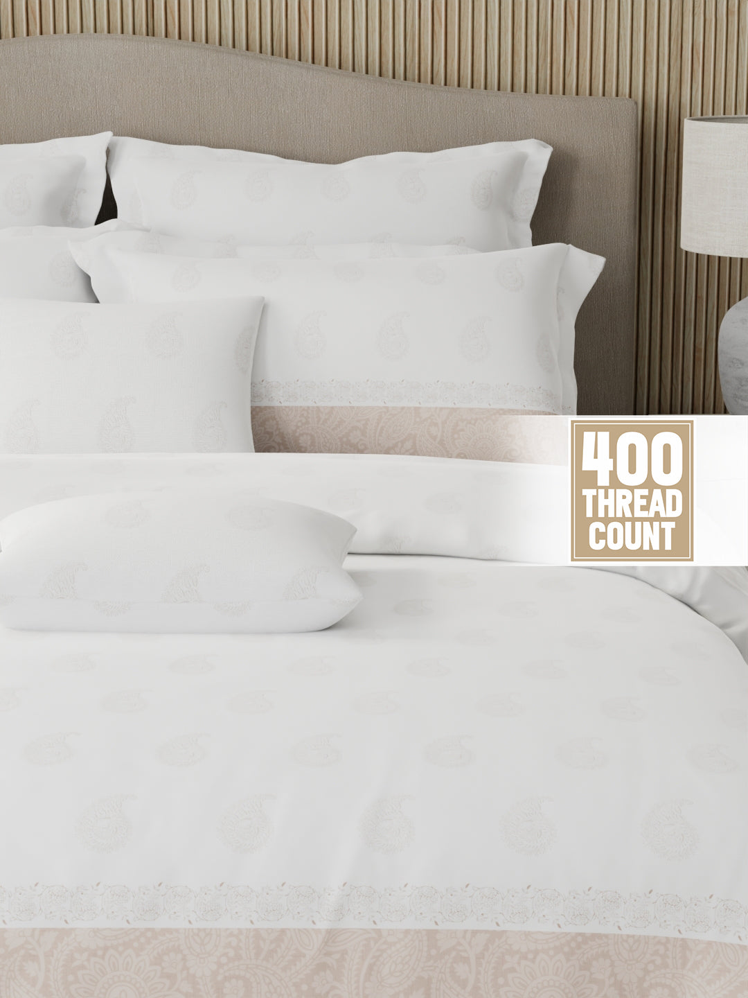 Royal Essence 100% Cotton 400 TC Beige & White Ethnic Print King Bedsheet with 4 Pillow Covers & 2 Cushion Covers