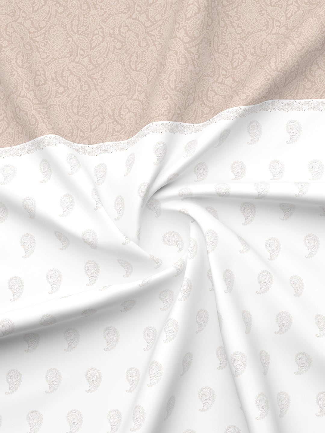 Royal Essence 100% Cotton 400 TC Beige & White Ethnic Print King Bedsheet with 4 Pillow Covers & 2 Cushion Covers