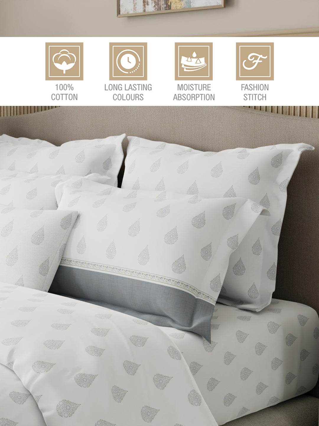 Royal Essence 100% Cotton 400 TC Grey & White Ethnic Print King Bedsheet with 4 Pillow Covers & 2 Cushion Covers