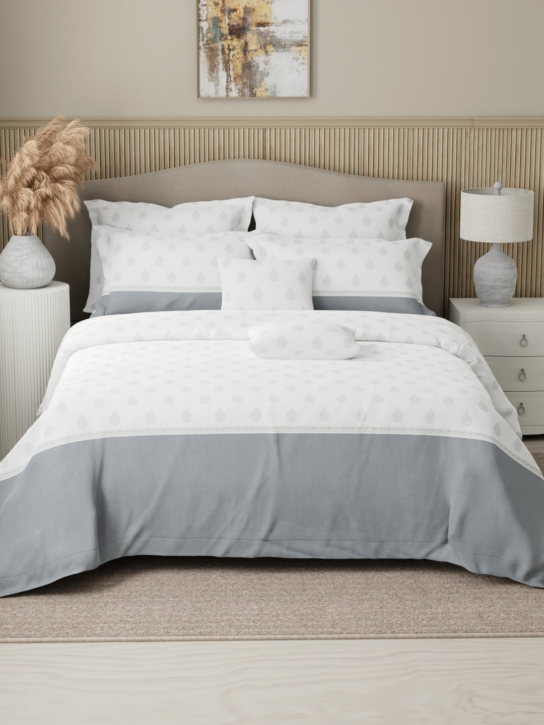 Royal Essence 100% Cotton 400 TC Grey & White Ethnic Print King Bedsheet with 4 Pillow Covers & 2 Cushion Covers