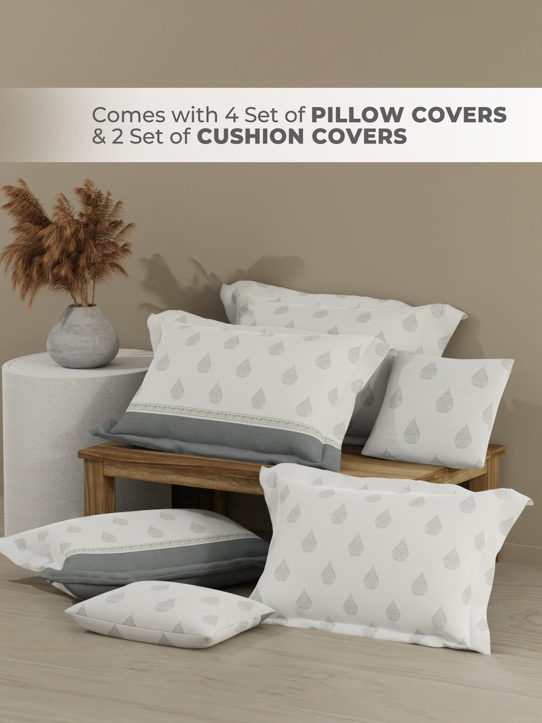 Royal Essence 100% Cotton 400 TC Grey & White Ethnic Print King Bedsheet with 4 Pillow Covers & 2 Cushion Covers