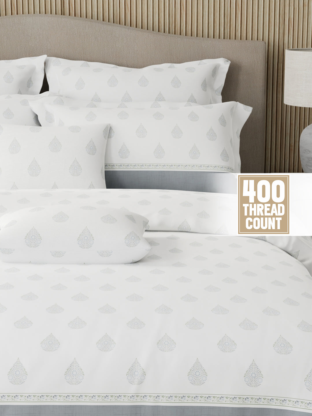 Royal Essence 100% Cotton 400 TC Grey & White Ethnic Print King Bedsheet with 4 Pillow Covers & 2 Cushion Covers