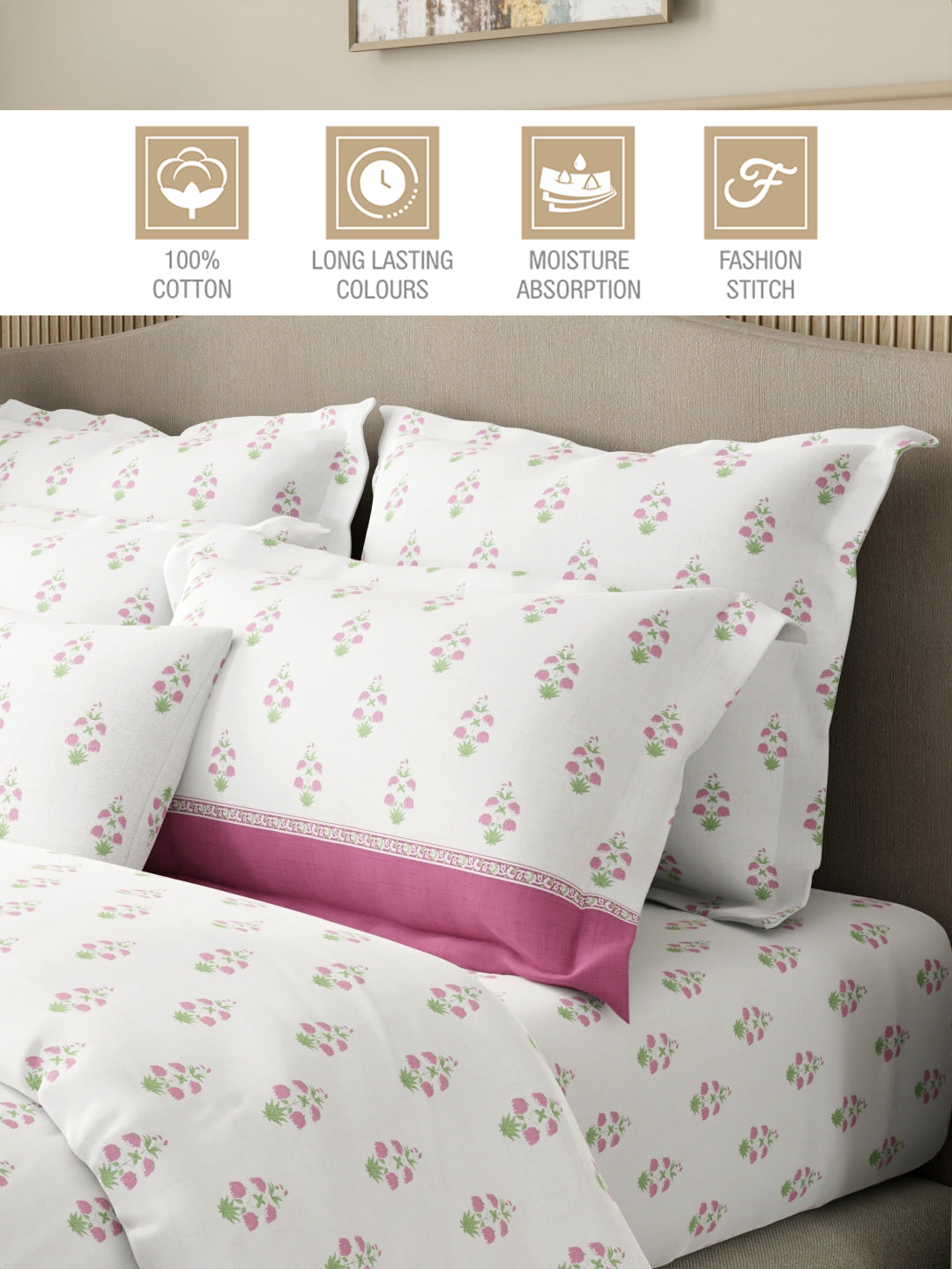 Royal Essence 100% Cotton 400 TC Pink & White Ethnic Print King Bedsheet with 4 Pillow Covers & 2 Cushion Covers