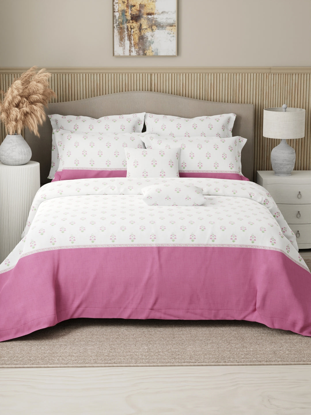 Royal Essence 100% Cotton 400 TC Pink & White Ethnic Print King Bedsheet with 4 Pillow Covers & 2 Cushion Covers