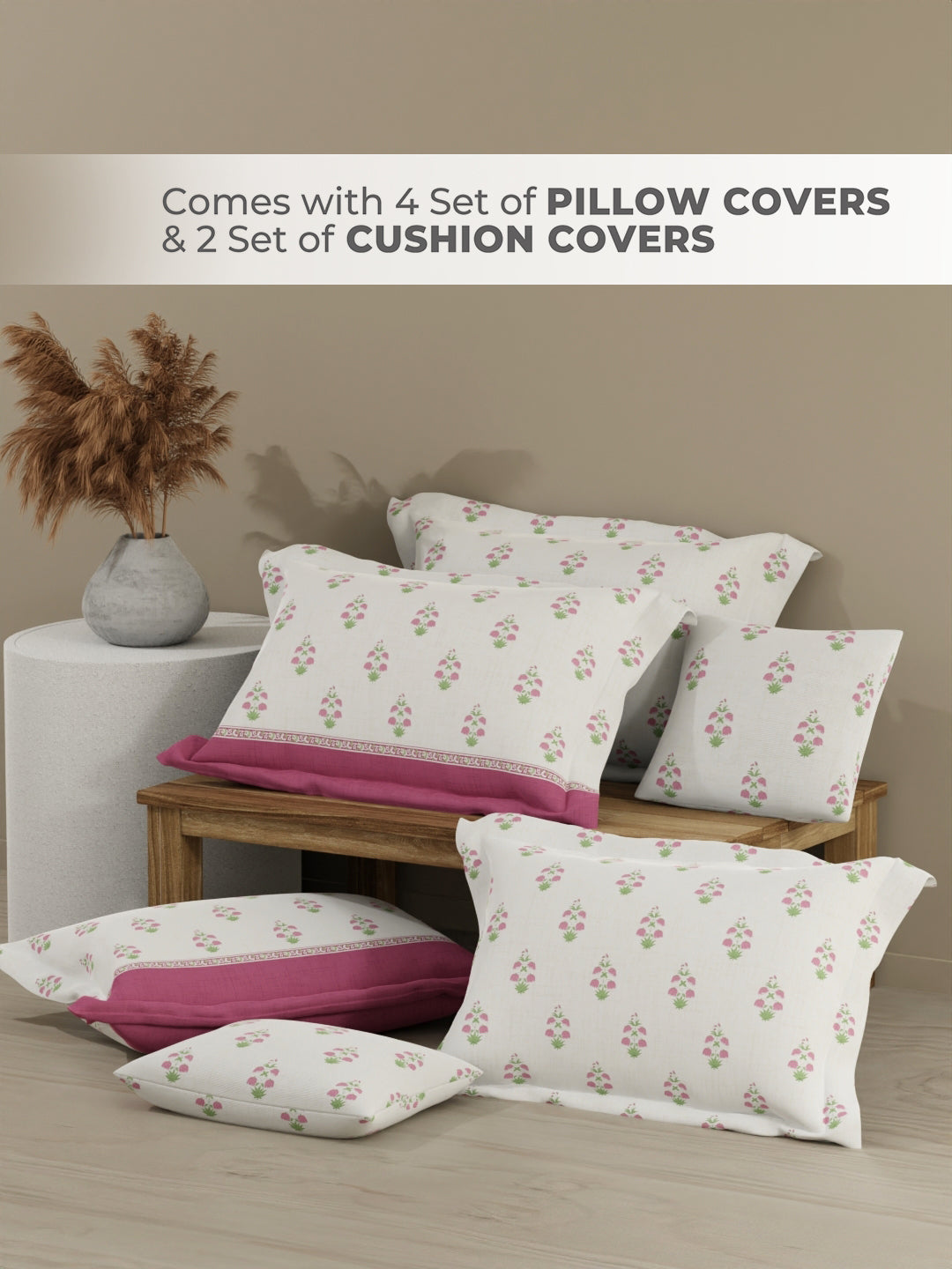 Royal Essence 100% Cotton 400 TC Pink & White Ethnic Print King Bedsheet with 4 Pillow Covers & 2 Cushion Covers