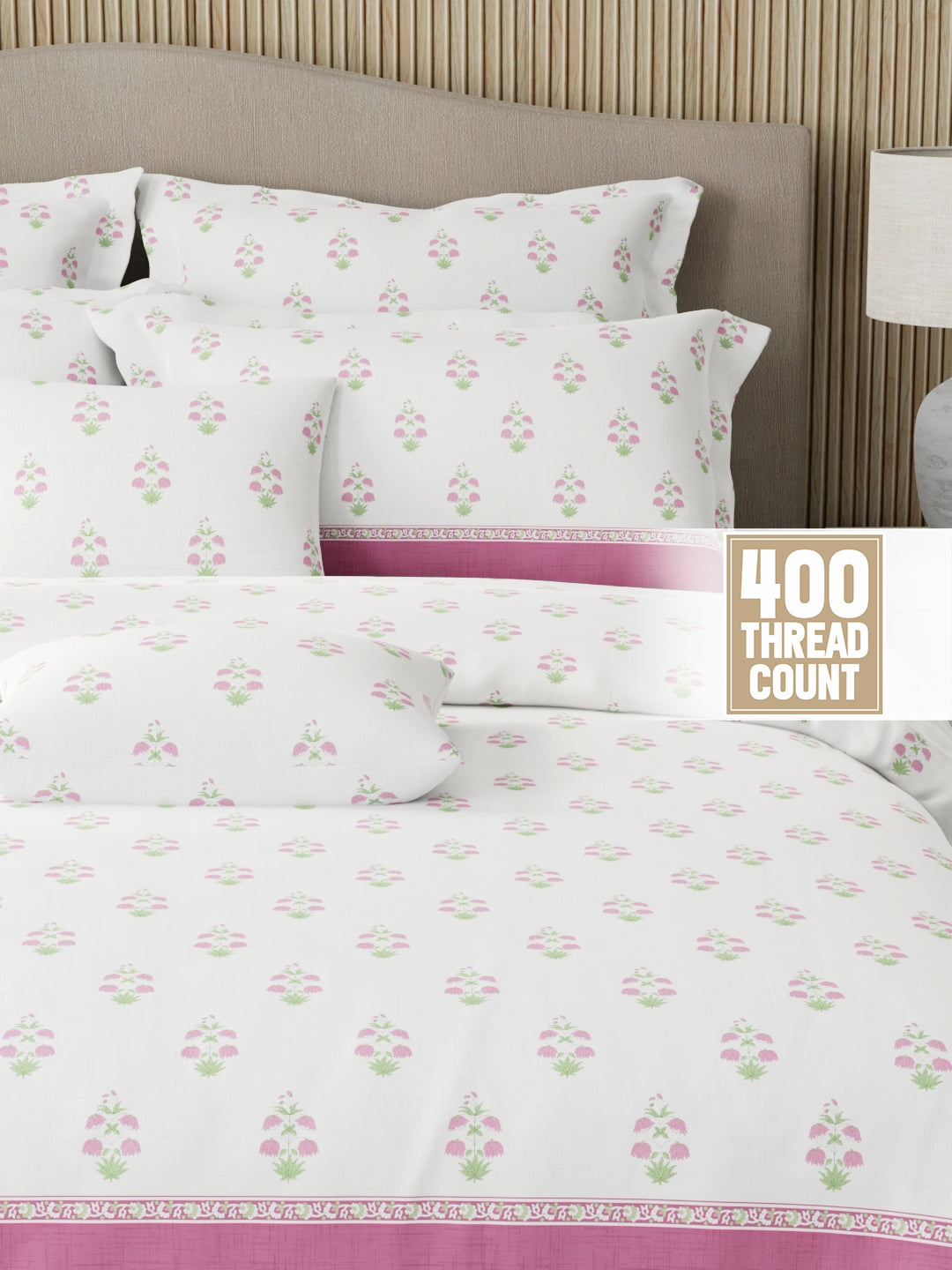 Royal Essence 100% Cotton 400 TC Pink & White Ethnic Print King Bedsheet with 4 Pillow Covers & 2 Cushion Covers