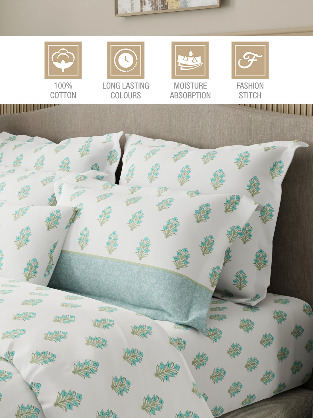 Royal Essence 100% Cotton 400 TC Blue & White Ethnic Print King Bedsheet with 4 Pillow Covers & 2 Cushion Covers