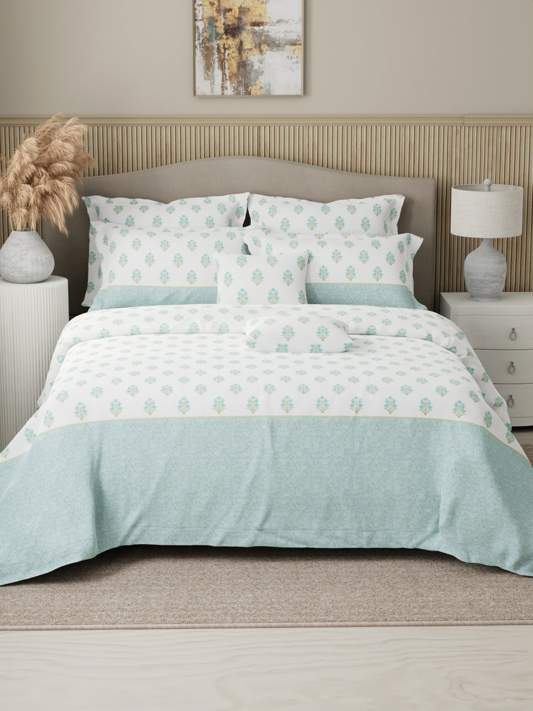 Royal Essence 100% Cotton 400 TC Blue & White Ethnic Print King Bedsheet with 4 Pillow Covers & 2 Cushion Covers