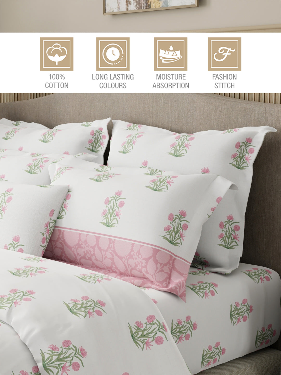 Royal Essence 100% Cotton 400 TC Pink & White Floral King Bedsheet with 4 Pillow Covers & 2 Cushion Covers