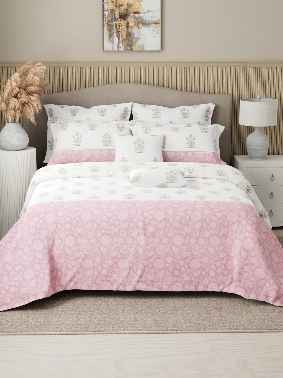 Royal Essence 100% Cotton 400 TC Pink & White Floral King Bedsheet with 4 Pillow Covers & 2 Cushion Covers