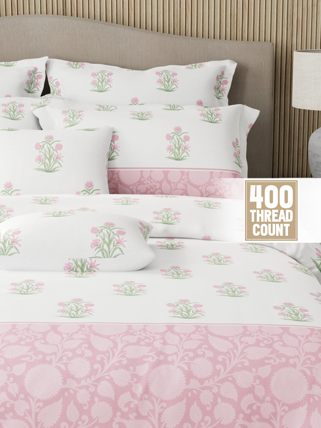 Royal Essence 100% Cotton 400 TC Pink & White Floral King Bedsheet with 4 Pillow Covers & 2 Cushion Covers