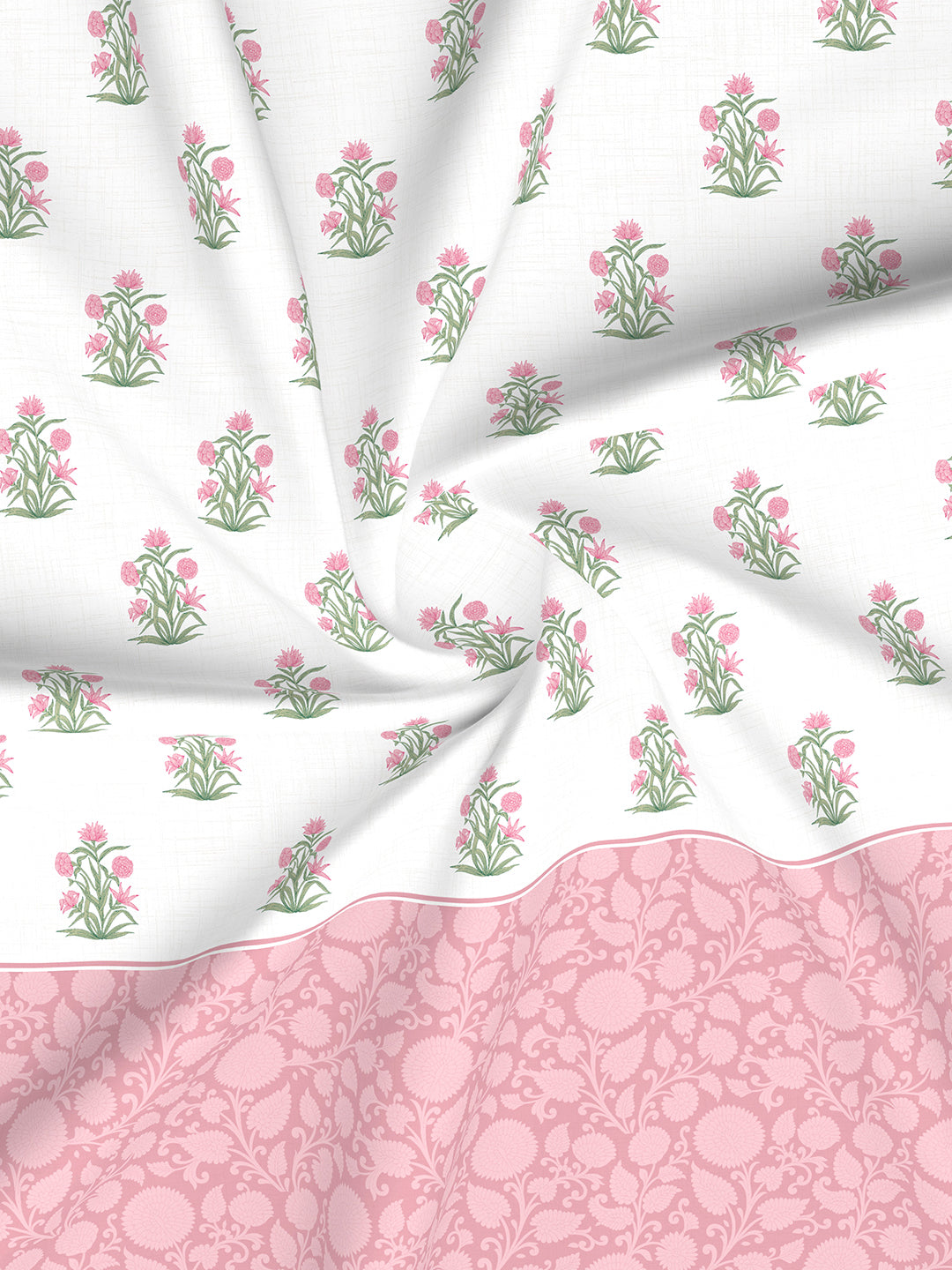 Royal Essence 100% Cotton 400 TC Pink & White Floral King Bedsheet with 4 Pillow Covers & 2 Cushion Covers