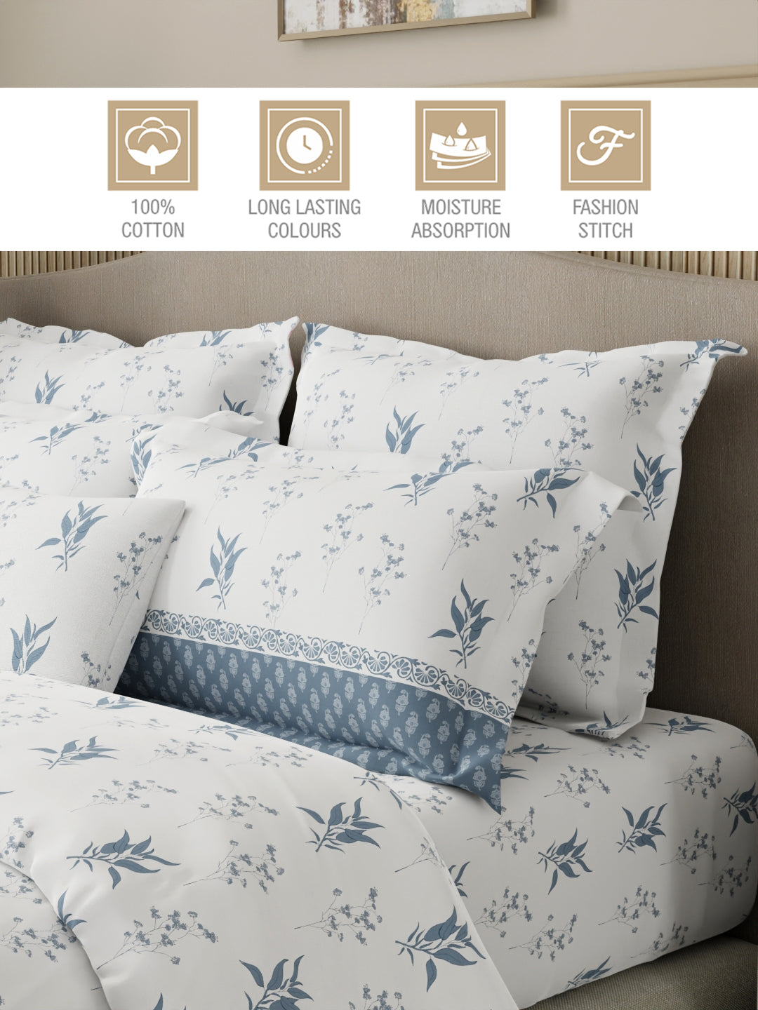 Royal Essence 100% Cotton 400 TC Blue & White Floral King Bedsheet with 4 Pillow Covers & 2 Cushion Covers