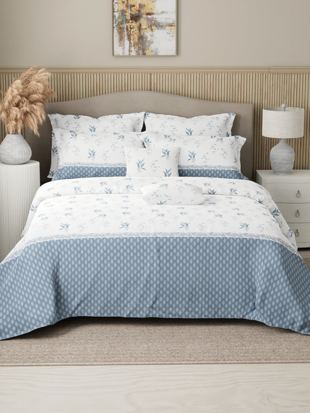 Royal Essence 100% Cotton 400 TC Blue & White Floral King Bedsheet with 4 Pillow Covers & 2 Cushion Covers