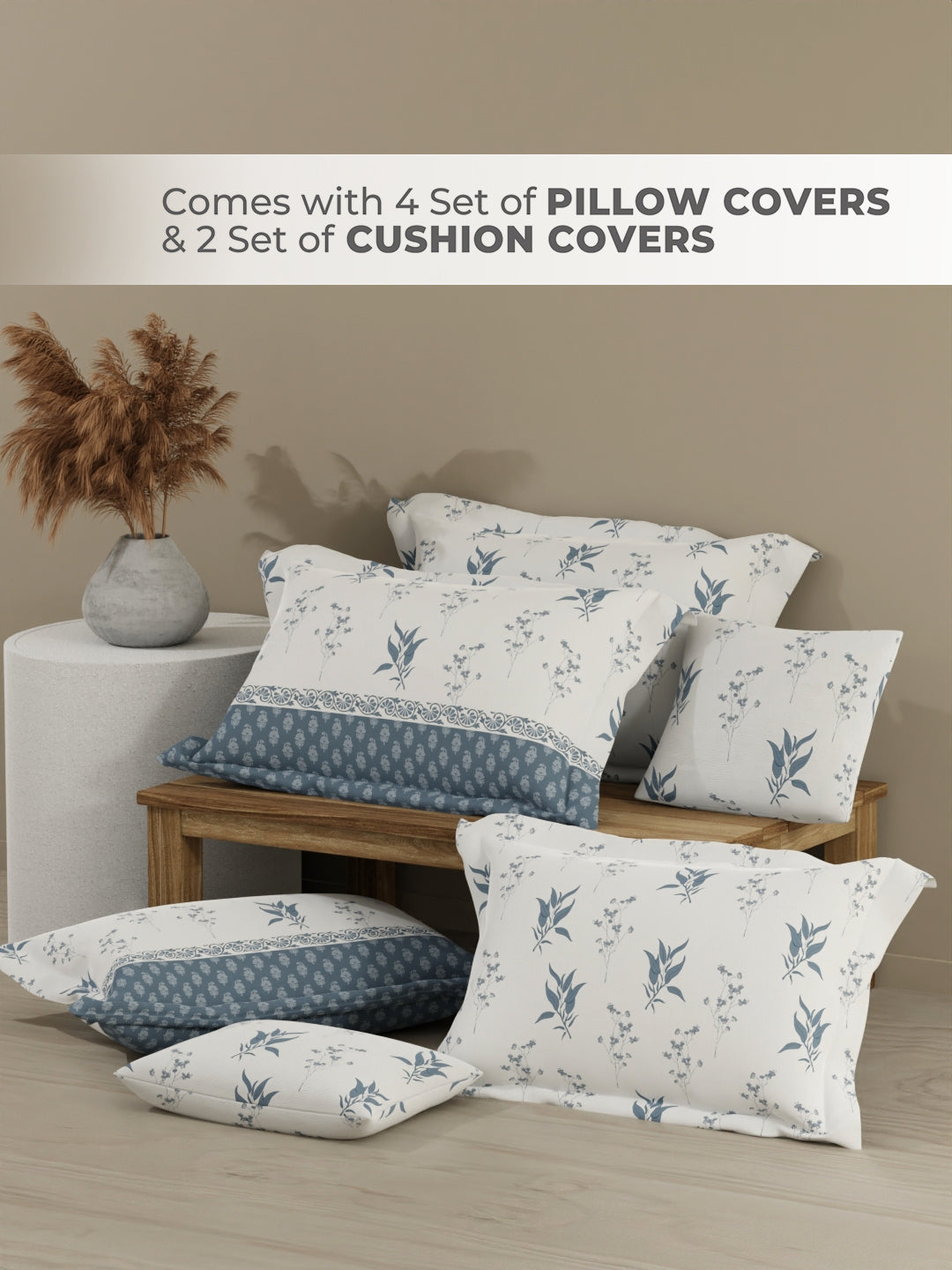 Royal Essence 100% Cotton 400 TC Blue & White Floral King Bedsheet with 4 Pillow Covers & 2 Cushion Covers