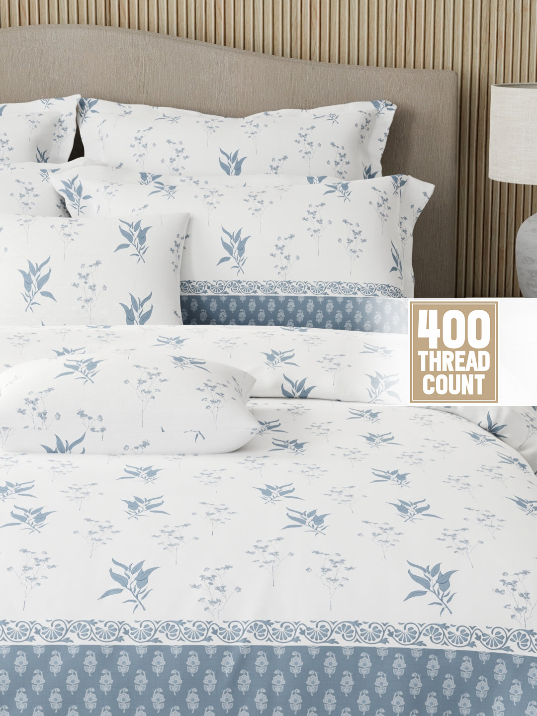 Royal Essence 100% Cotton 400 TC Blue & White Floral King Bedsheet with 4 Pillow Covers & 2 Cushion Covers