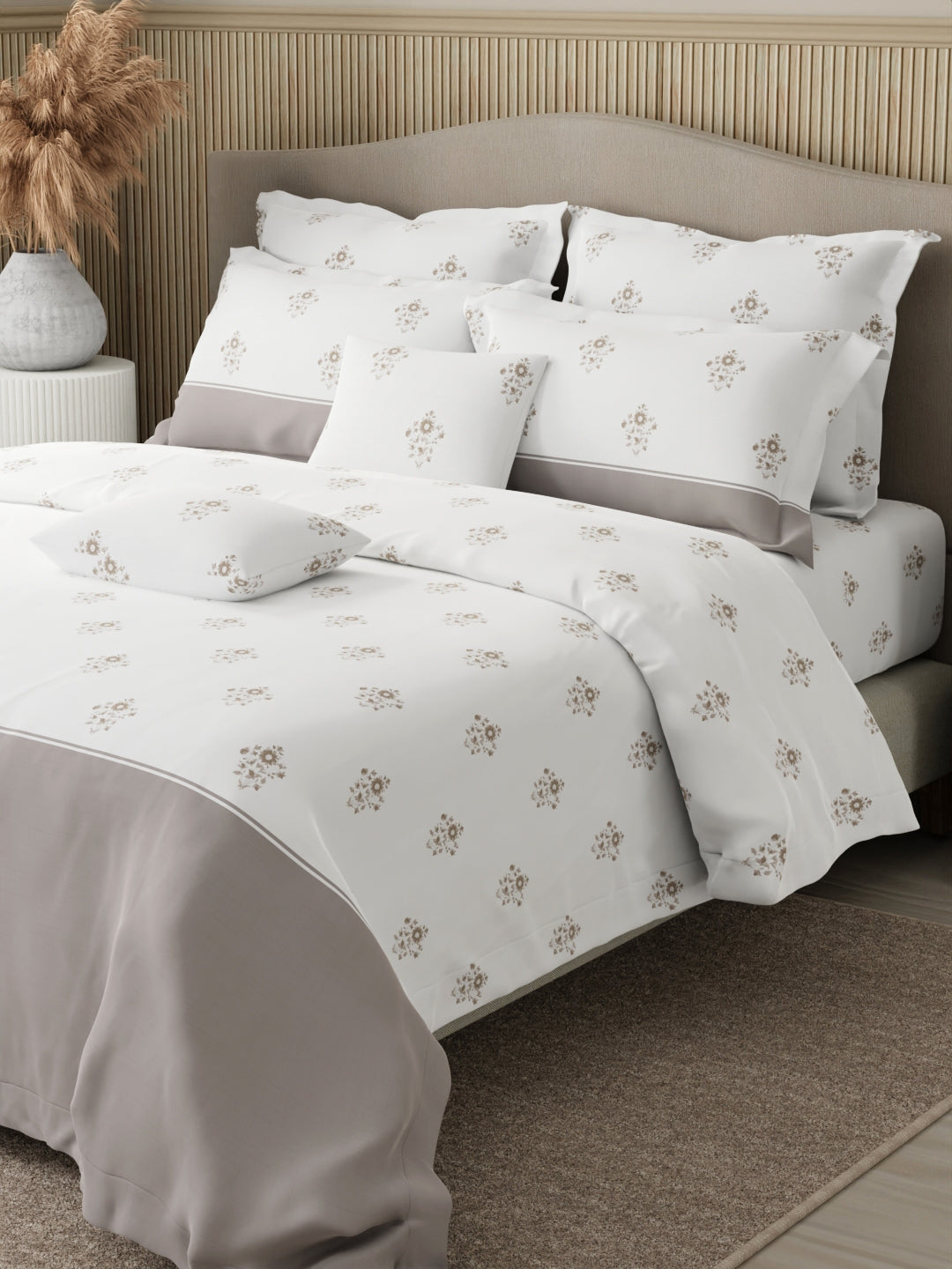 Royal Essence 100% Cotton 400 TC Grey & White Floral King Bedsheet with 4 Pillow Covers & 2 Cushion Covers