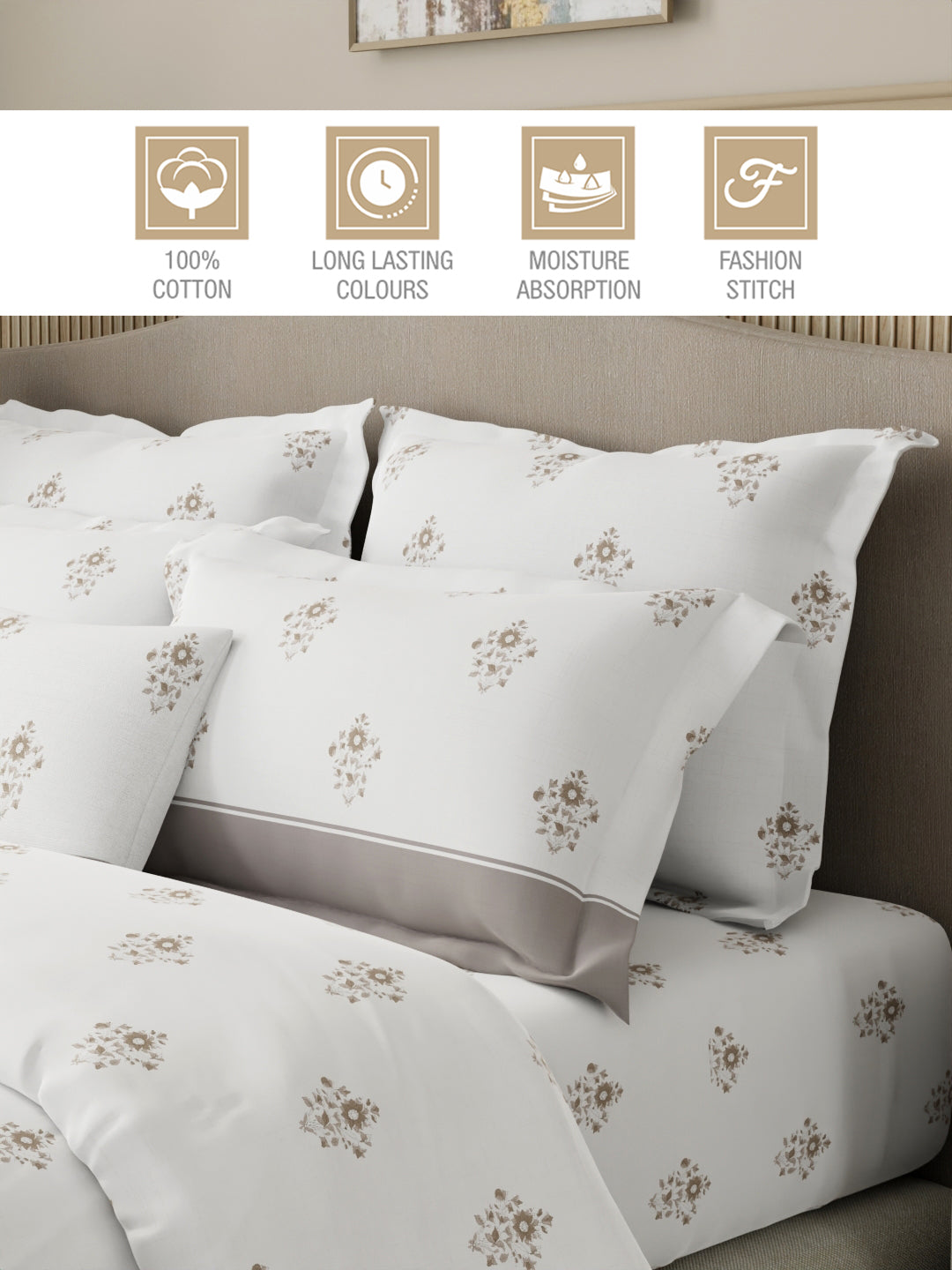 Royal Essence 100% Cotton 400 TC Grey & White Floral King Bedsheet with 4 Pillow Covers & 2 Cushion Covers