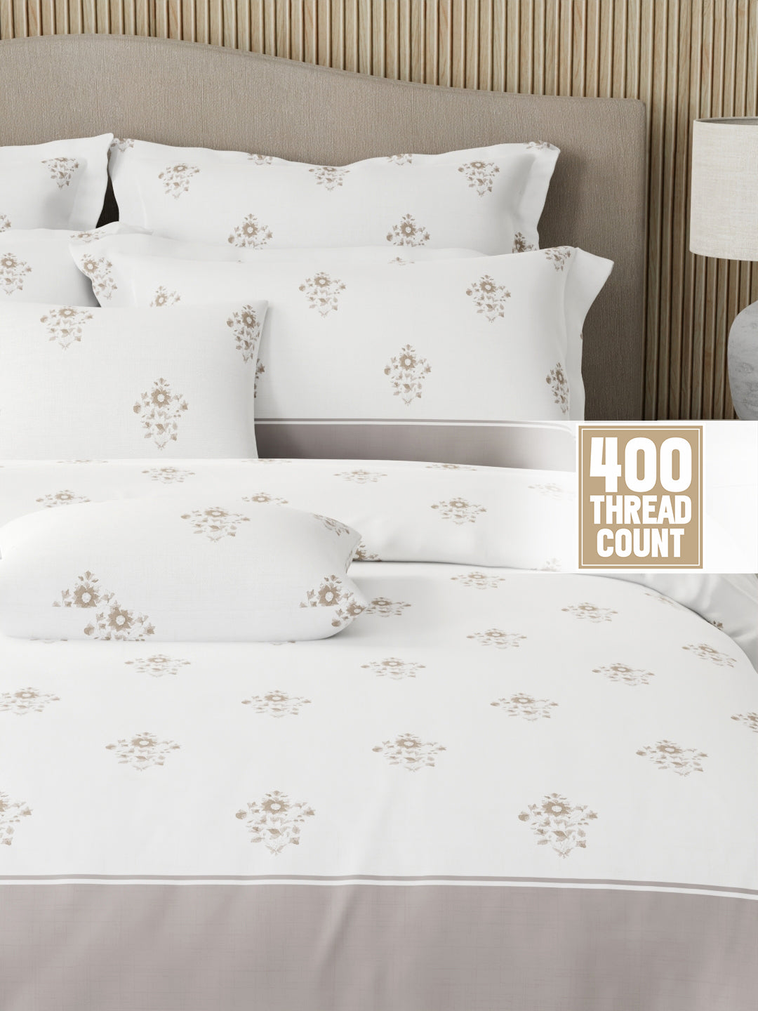 Royal Essence 100% Cotton 400 TC Grey & White Floral King Bedsheet with 4 Pillow Covers & 2 Cushion Covers