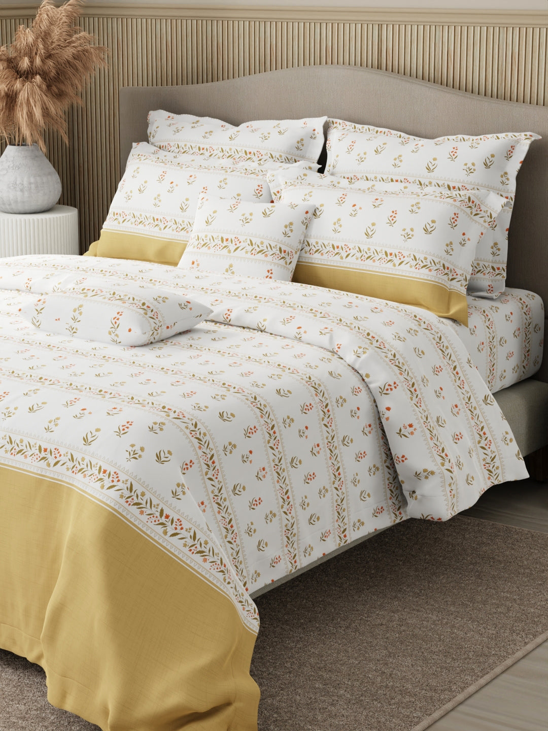 Royal Essence 100% Cotton 400 TC Dark Yellow & White Floral King Bedsheet with 4 Pillow Covers & 2 Cushion Covers