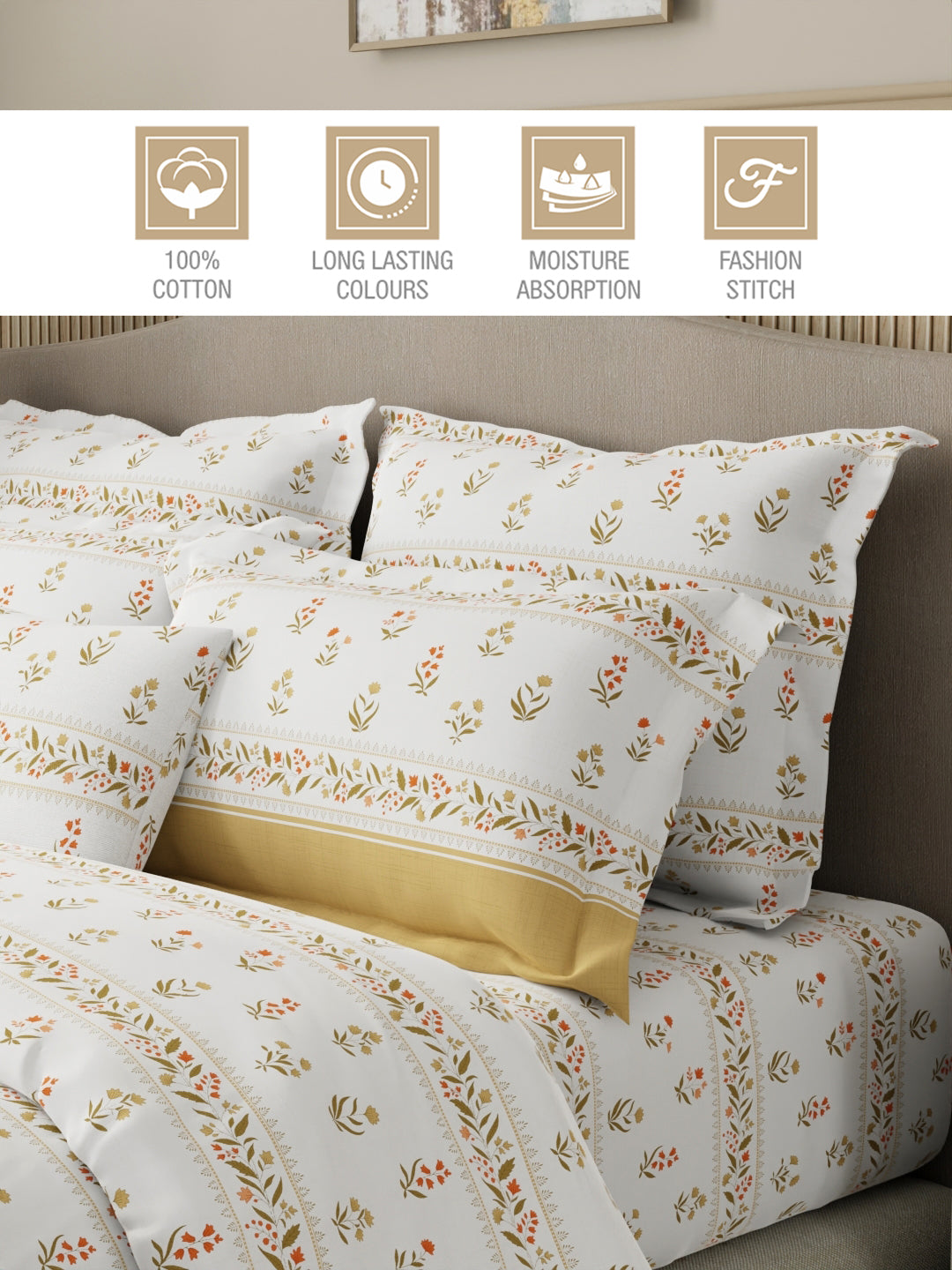 Royal Essence 100% Cotton 400 TC Dark Yellow & White Floral King Bedsheet with 4 Pillow Covers & 2 Cushion Covers