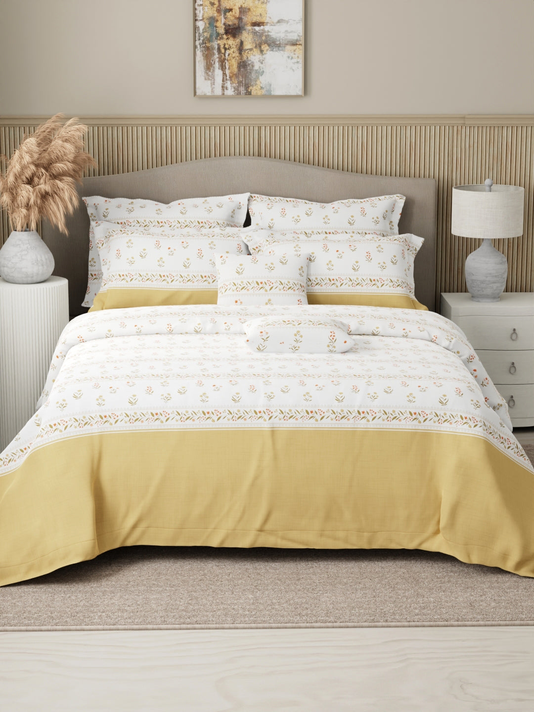 Royal Essence 100% Cotton 400 TC Dark Yellow & White Floral King Bedsheet with 4 Pillow Covers & 2 Cushion Covers