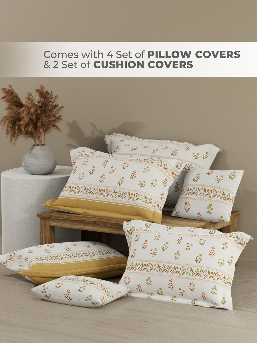 Royal Essence 100% Cotton 400 TC Dark Yellow & White Floral King Bedsheet with 4 Pillow Covers & 2 Cushion Covers