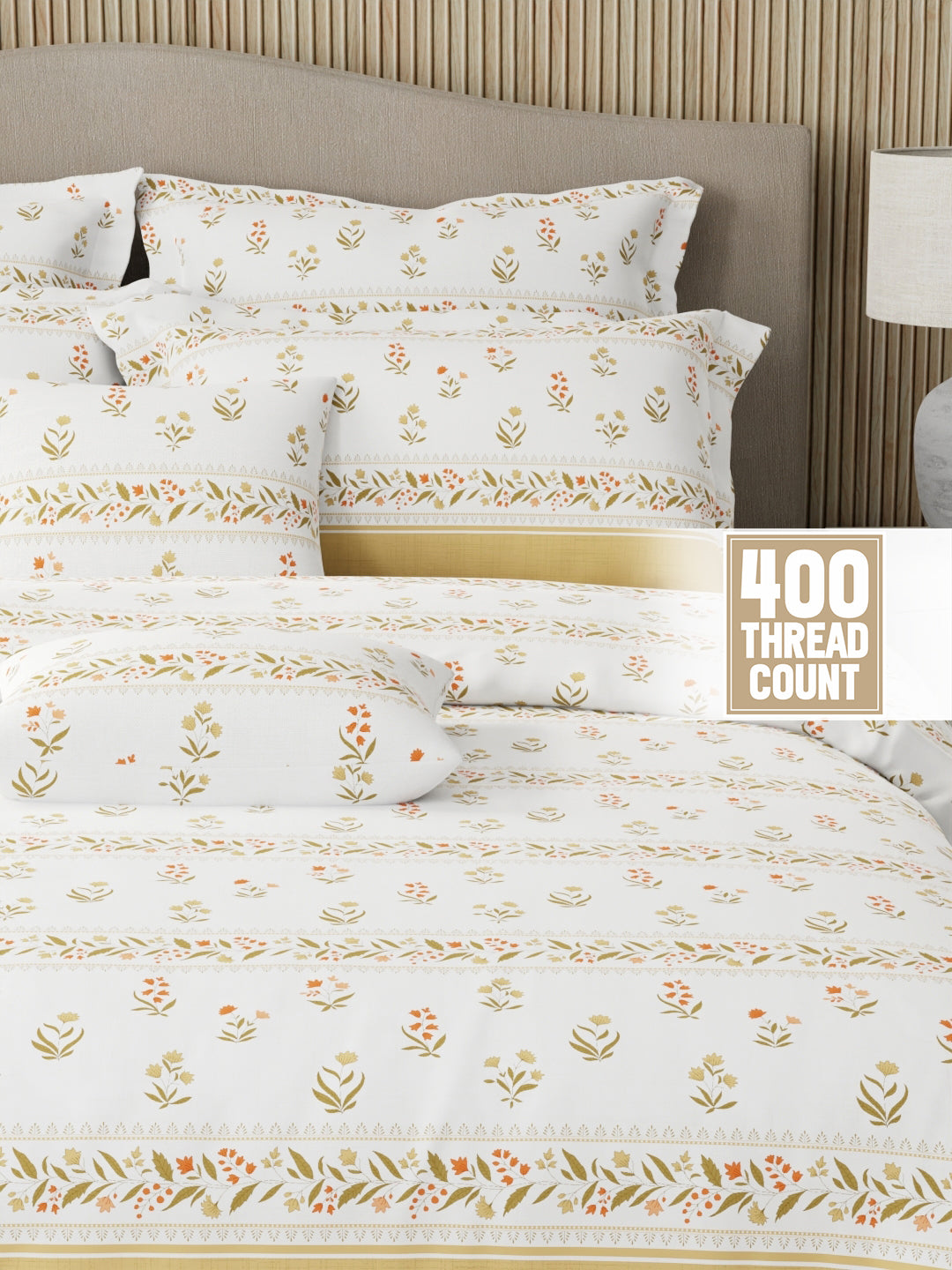 Royal Essence 100% Cotton 400 TC Dark Yellow & White Floral King Bedsheet with 4 Pillow Covers & 2 Cushion Covers