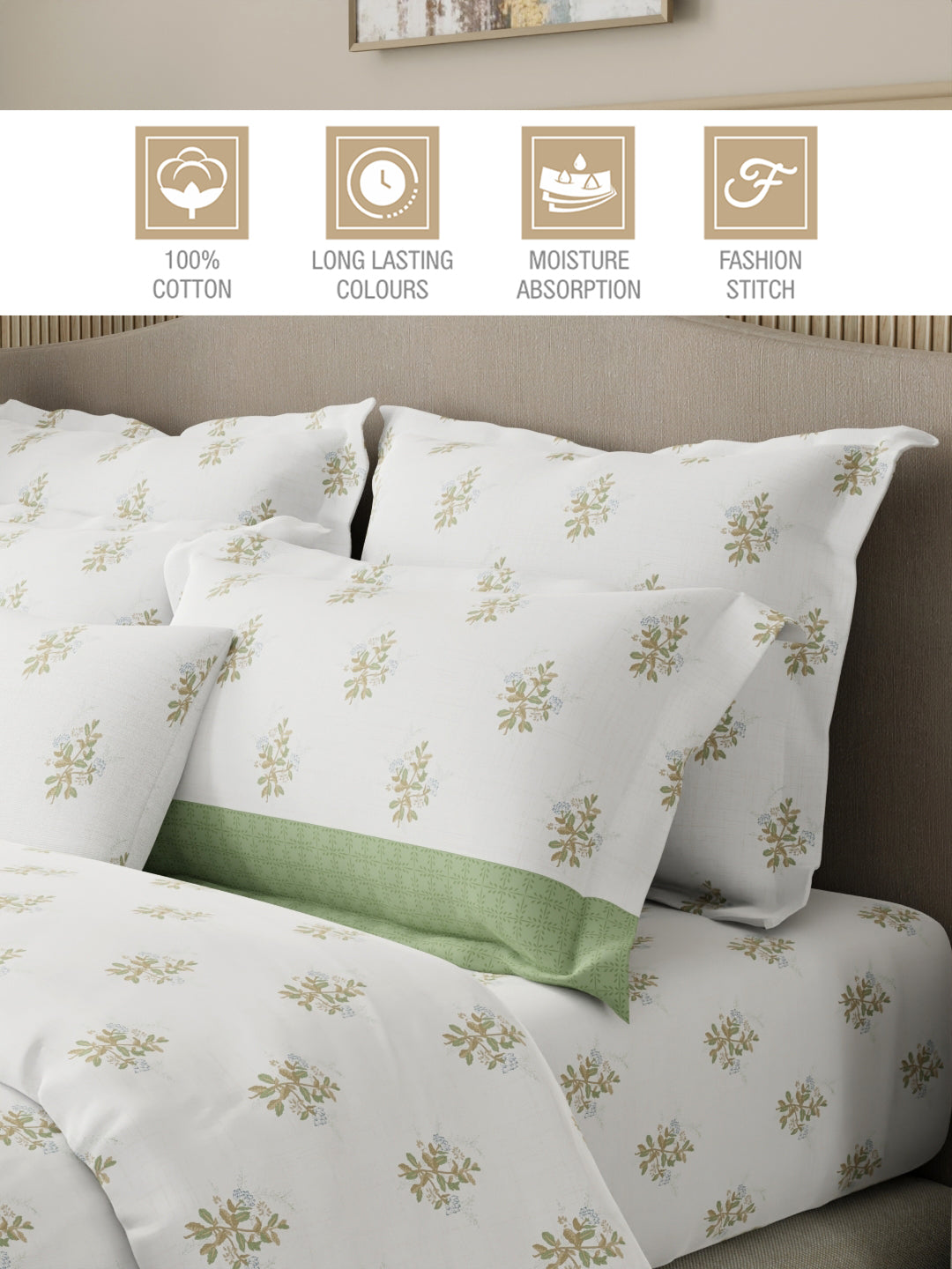 Royal Essence 100% Cotton 400 TC Green & White Floral King Bedsheet with 4 Pillow Covers & 2 Cushion Covers
