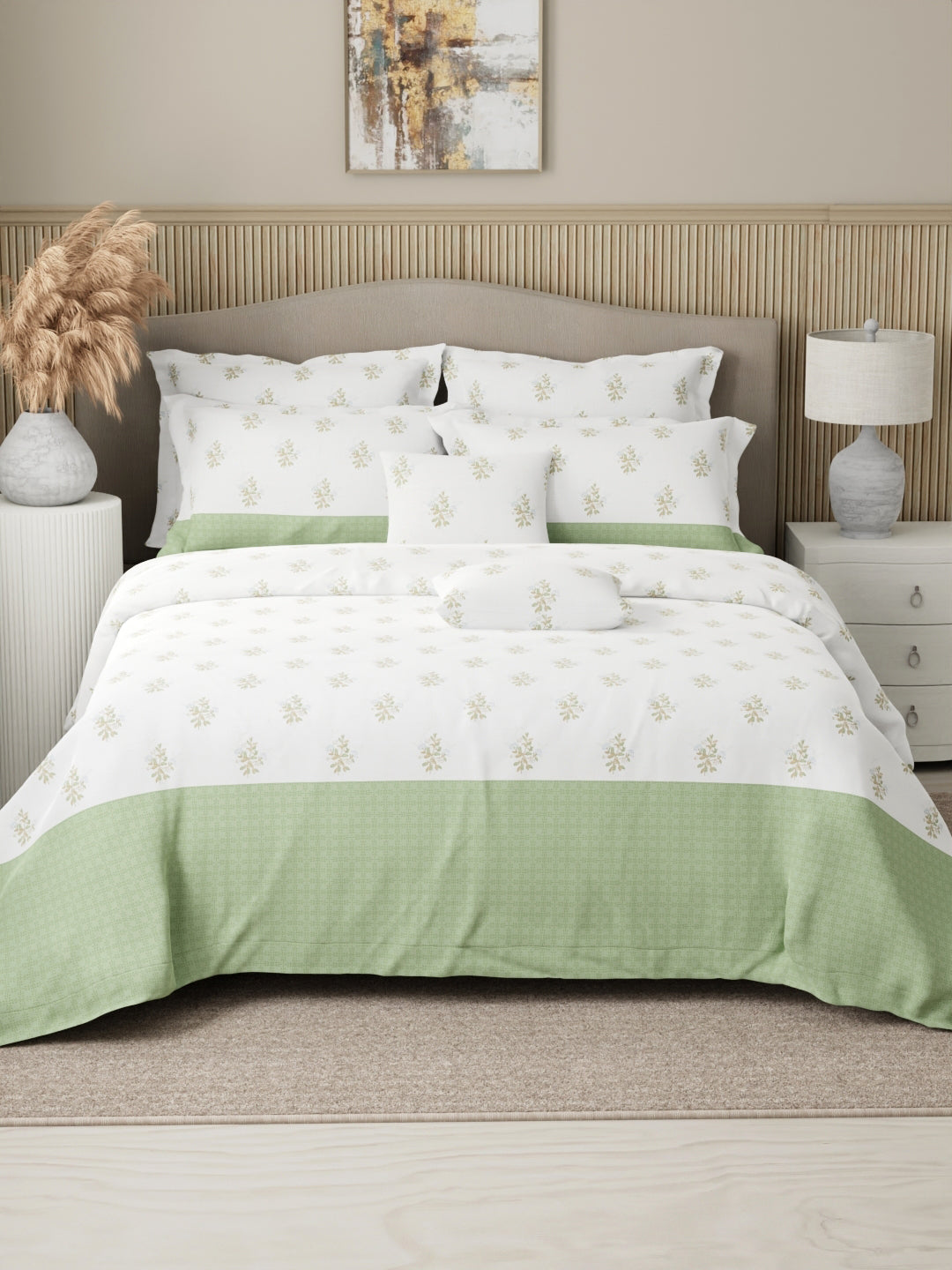 Royal Essence 100% Cotton 400 TC Green & White Floral King Bedsheet with 4 Pillow Covers & 2 Cushion Covers