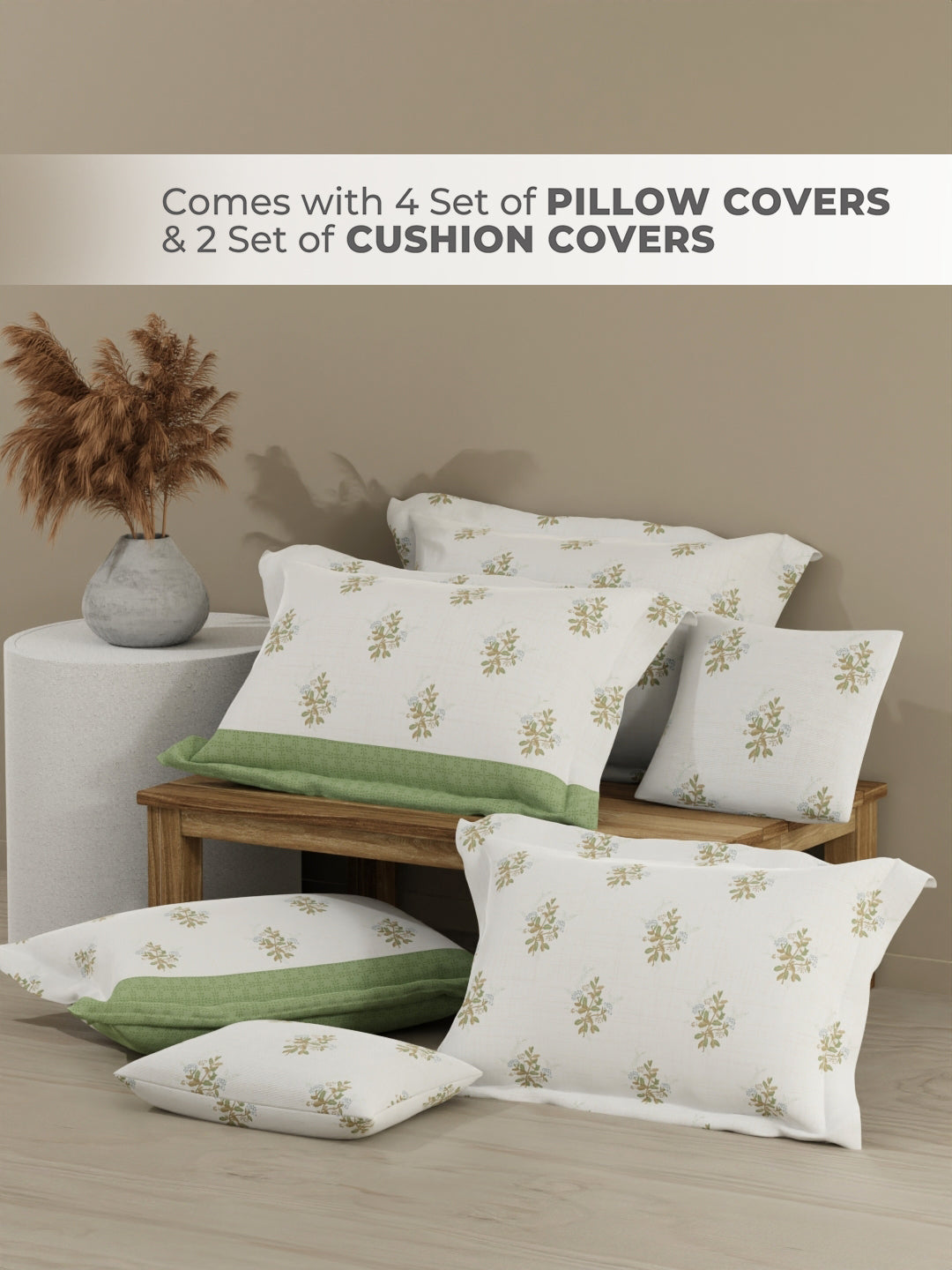 Royal Essence 100% Cotton 400 TC Green & White Floral King Bedsheet with 4 Pillow Covers & 2 Cushion Covers