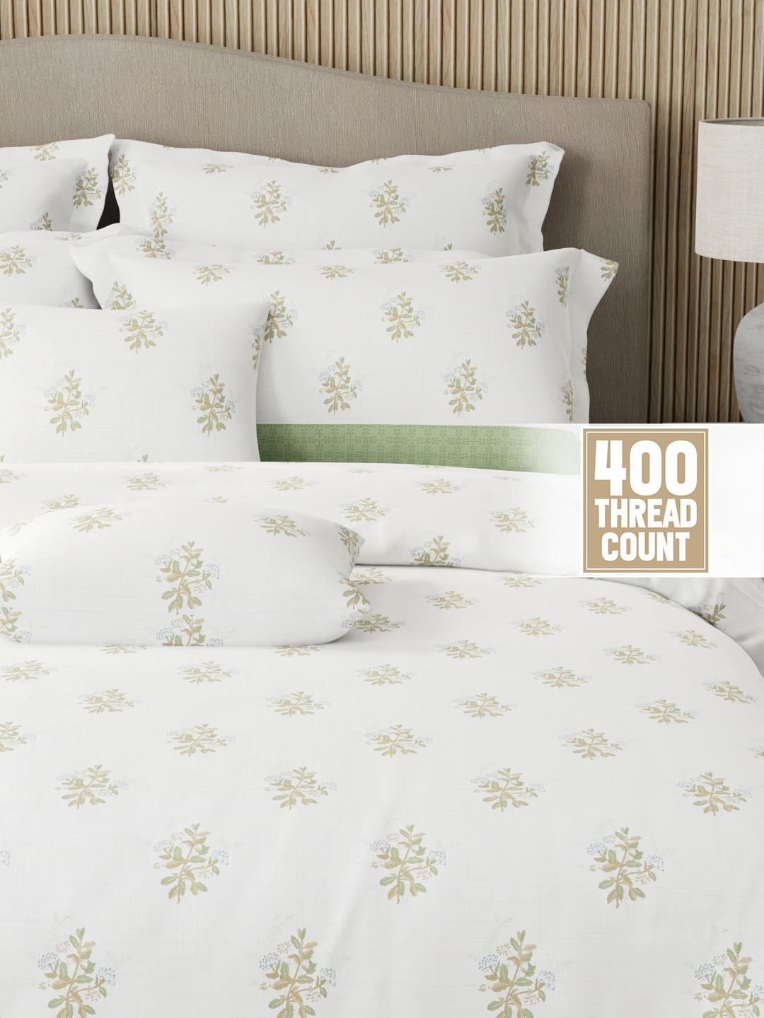 Royal Essence 100% Cotton 400 TC Green & White Floral King Bedsheet with 4 Pillow Covers & 2 Cushion Covers