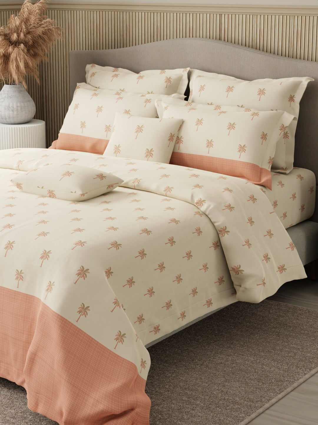 Royal Essence 100% Cotton 400 TC Peach Floral King Bedsheet with 4 Pillow Covers & 2 Cushion Covers