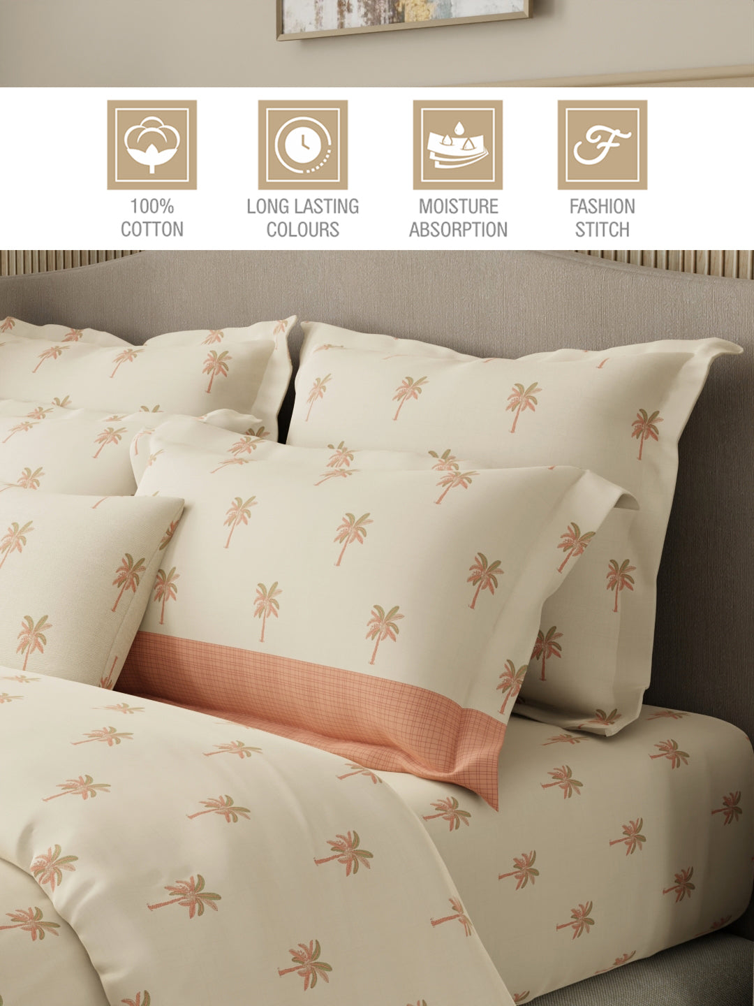 Royal Essence 100% Cotton 400 TC Peach Floral King Bedsheet with 4 Pillow Covers & 2 Cushion Covers