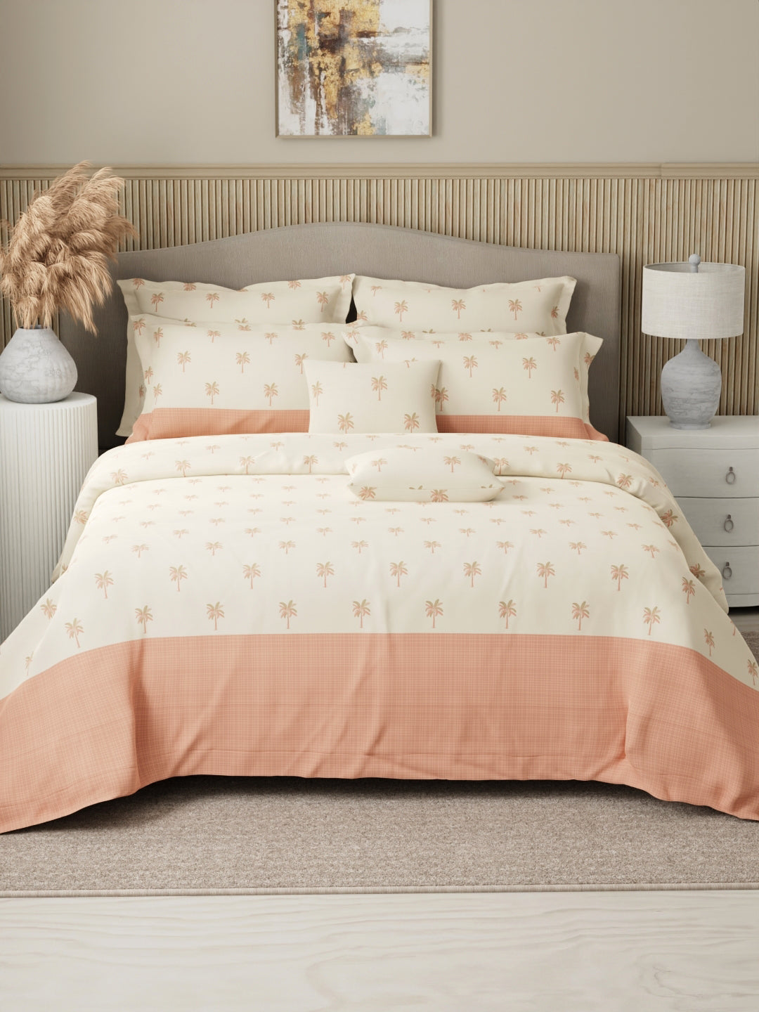 Royal Essence 100% Cotton 400 TC Peach Floral King Bedsheet with 4 Pillow Covers & 2 Cushion Covers