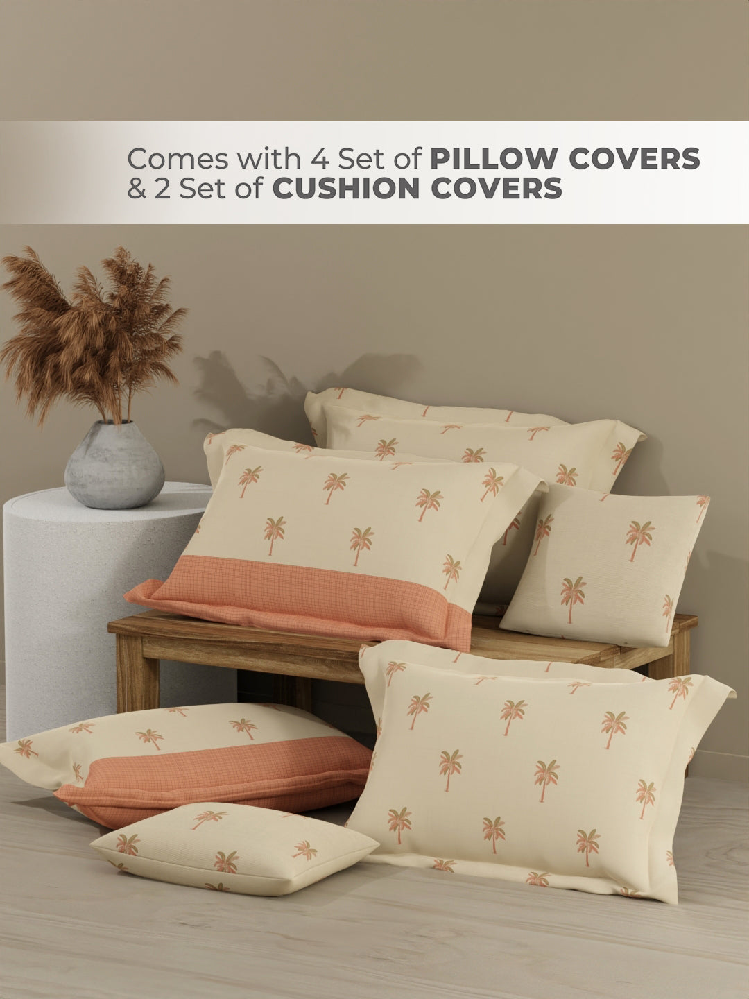 Royal Essence 100% Cotton 400 TC Peach Floral King Bedsheet with 4 Pillow Covers & 2 Cushion Covers