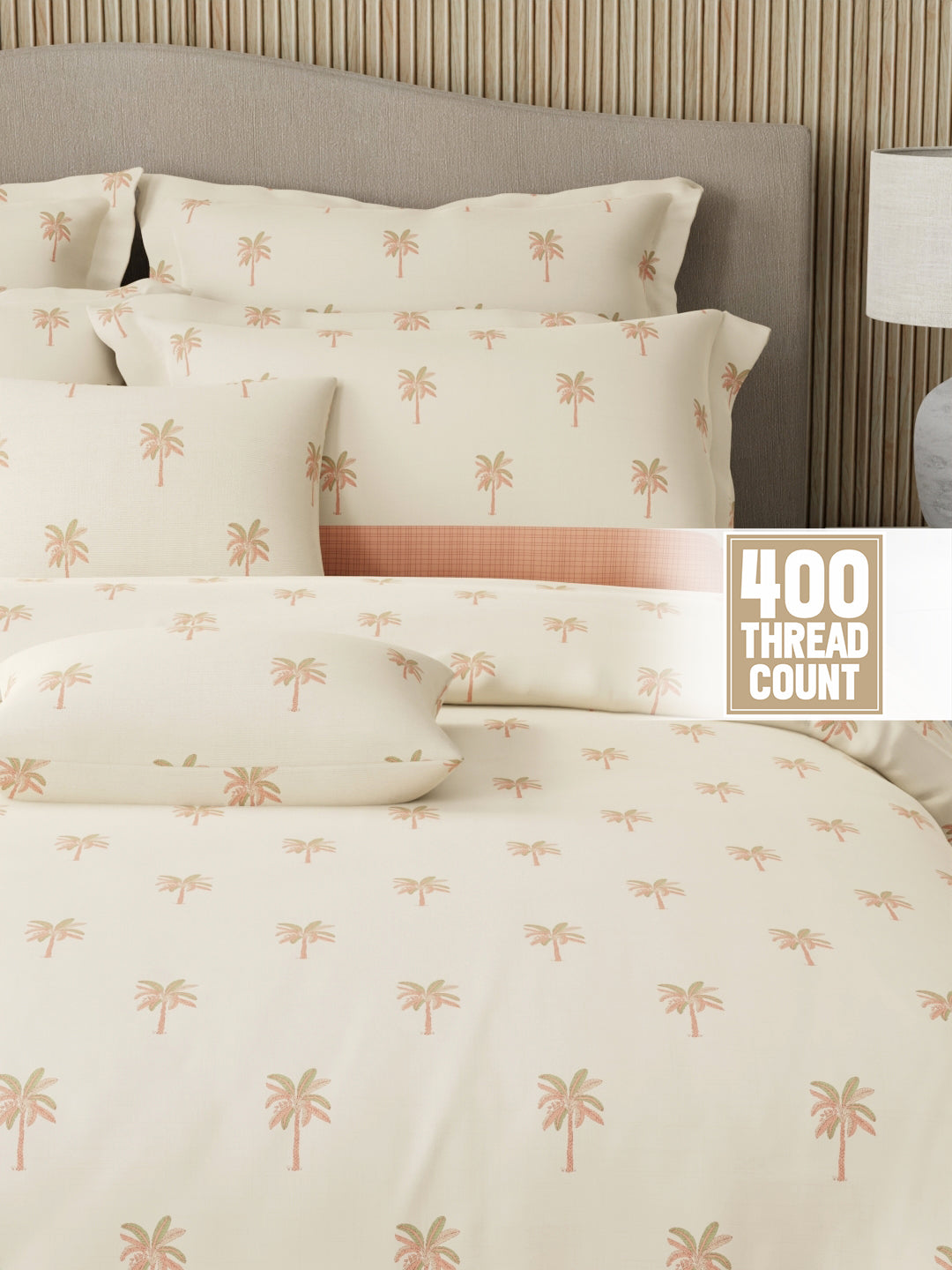 Royal Essence 100% Cotton 400 TC Peach Floral King Bedsheet with 4 Pillow Covers & 2 Cushion Covers