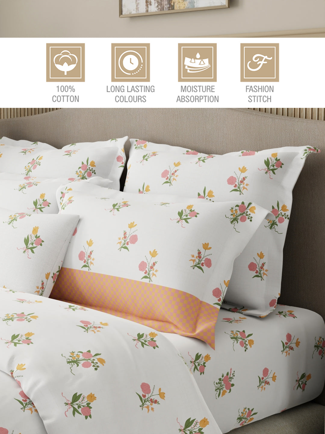 Royal Essence 100% Cotton 400 TC Pink & Orange Floral King Bedsheet with 4 Pillow Covers & 2 Cushion Covers