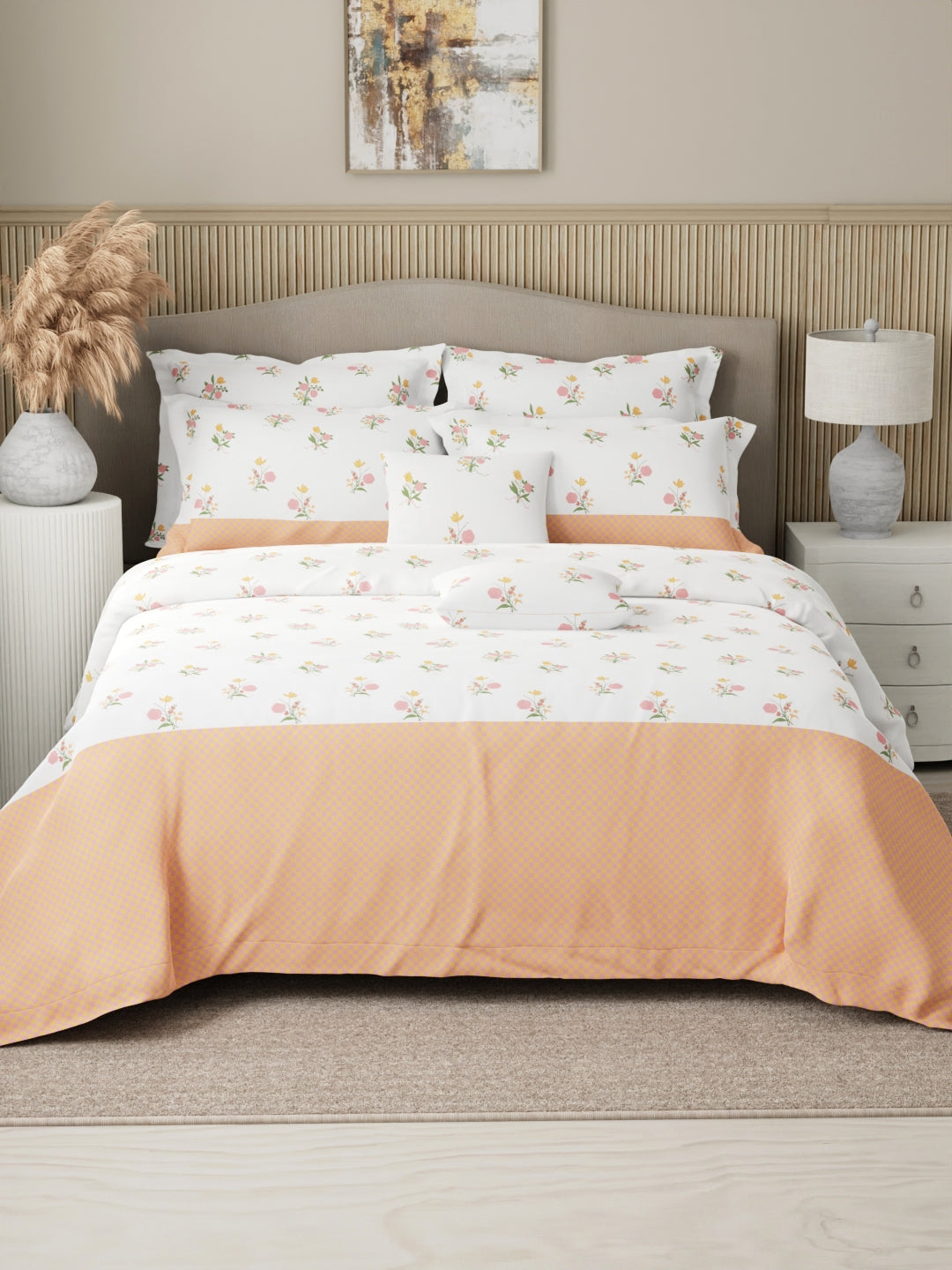 Royal Essence 100% Cotton 400 TC Pink & Orange Floral King Bedsheet with 4 Pillow Covers & 2 Cushion Covers