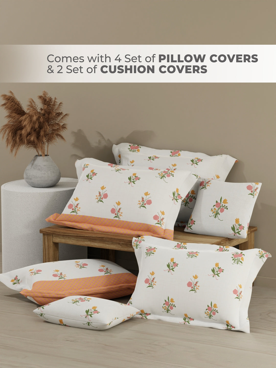 Royal Essence 100% Cotton 400 TC Pink & Orange Floral King Bedsheet with 4 Pillow Covers & 2 Cushion Covers